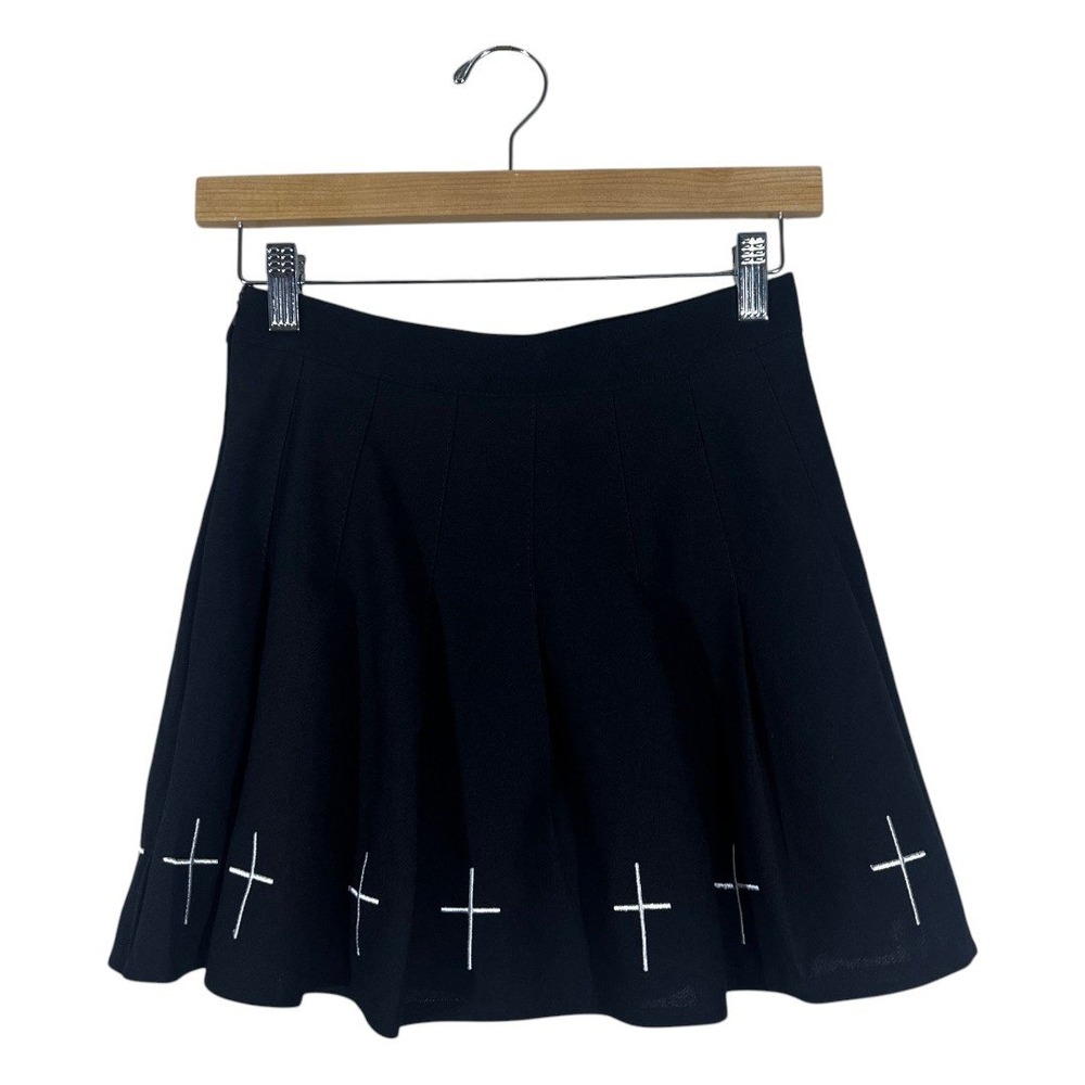 Unbranded Pleated Cross Embroidered Mini Skirt Black Goth Alt Punk Size S